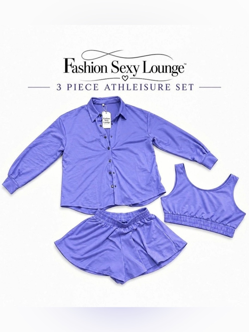 NWT Fashion Sexy Lounge 3 Piece Lavender Athleisure Lounge Set Size L